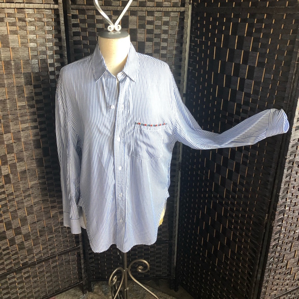 Driftwood blue and white striped rayon shirt